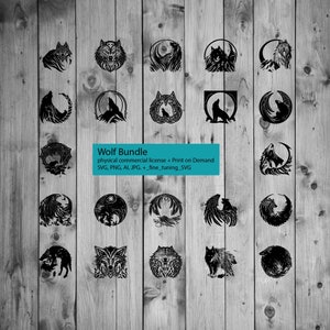 May include: A digital download bundle of 20 black and white wolf illustrations. The illustrations feature wolves howling at the moon, wolves in a circle, and wolves with wings. The text "Wolf Bundle" and "physical commercial license + Print on Demand SVG, PNG, AI, JPG. +_fine_tuning_SVG" is included in the image.