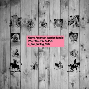 Puede incluir: Un paquete de descarga digital de 12 ilustraciones de guerreros nativos americanos en blanco y negro. Las ilustraciones representan guerreros a caballo y a pie. El texto "Native American Warrior Bundle SVG, PNG, JPG, AI, PDF. +_fine_tuning_SVG" se muestra sobre un fondo rosa.