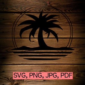 Może przedstawiać: Czarna sylwetka palmy na plaży w kółku, na drewnianym tle. Tekst "SVG, PNG, JPG, PDF" znajduje się pod obrazkiem.