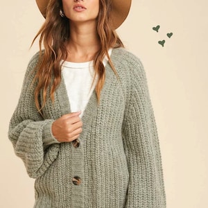 New Cozy Sage Boyfriend Button Down Cardigan Soft Wool Knit Sweater Top Winter Hygge ~ Women's Small Medium Large