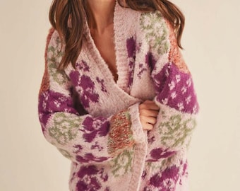 New Winter Cottage Knit Cozy Cowichan Floral Sweater Top Cardigan ~ Women's Size Small Medium and Large