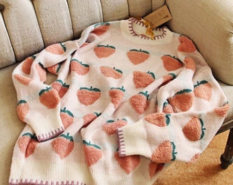 Neue weiche & süße Erdbeere gemütlich stricken kuschelig Retro Vintage inspiriert Pullover Top Pullover ~ Damen klein bis groß oder Unisex