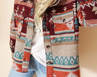 Bozeman Native Cactus Bloom Boho Knit Vintage Inspired Shirt Jacket Coat ~ Women&#39;s Size Small Medium and Large