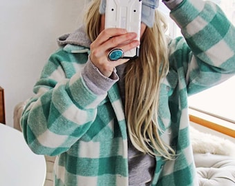 New Cozy Mint Plaid Vintage Inspired Menswear Shirt Jacket  Shacket ~ Women's Size Small Medium Large