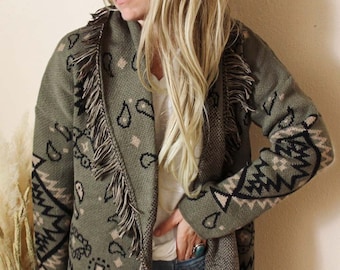 Neue Western Paisley Fransen Decke Herbst Vintage Native Inspiriert Cowichan Pullover Kuschelige Jacke ~ Damen Größe Klein, Mittel Groß und X-Large