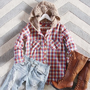 New Plaid + Knit Hood Cozy Button Front Shirt Jacket Vintage Inspired Flannel~ Women's Size Small Medium Large X-Large