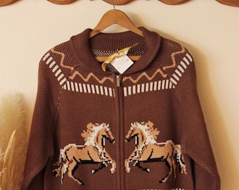 Vintage Hand Knit Wool Cowichan Mary Maxim Style Shawl Neck Skiing