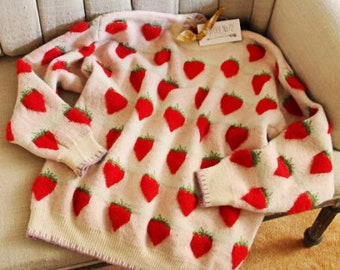 New Strawberry Cozy Knit Hygge Soft & Cuddly Knit Retro Sweater Jumper Top - Women's Small to Large