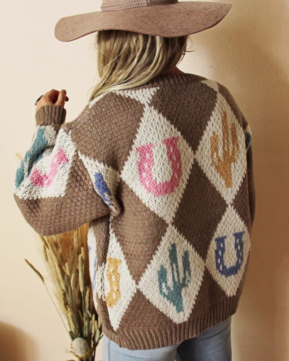 New Lucky Horse Cozy Cowichan Horseshoe Sweater Top Cardigan