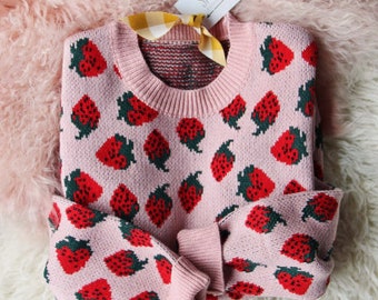 Sweet Knit Strawberry Cozy Hygge Soft & Cuddly Retro Vintage Inspired Sweater Top Jumper ~ Women's Small to Large