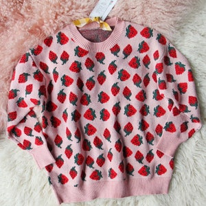 New Cozy Knit Strawberry Sweet Hygge Soft & Cuddly Retro Vintage Inspired Sweater Top Jumper ~ Women's Small to Large