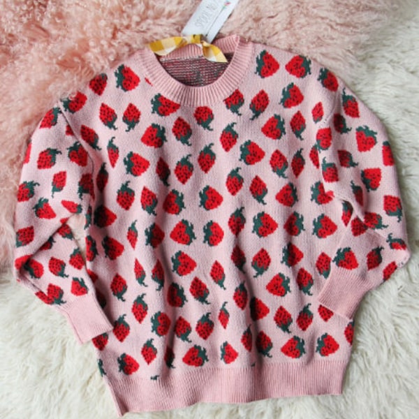 New Cozy Knit Strawberry Sweet Hygge Soft & Cuddly Retro Vintage Inspired Sweater Top Jumper ~ Women's Small to Large