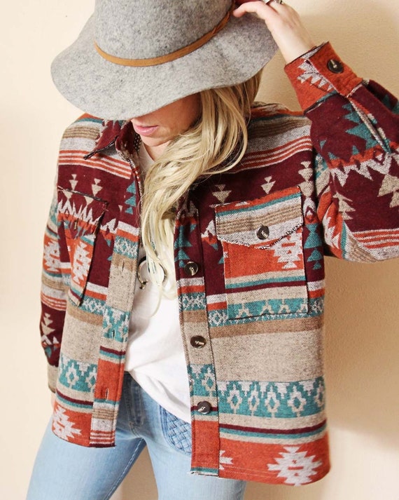 Bozeman Native Cactus Bloom Boho Knit Vintage Inspired Shirt Jacket Coat ~ Women's Size Small Medium and Large