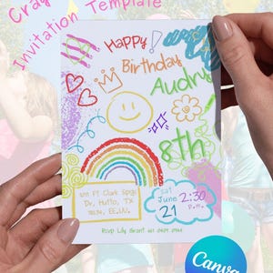 Invitation d'anniversaire colorée simple, fête lumineuse et gaie, invitations, modèle modifiable, invitation imprimable, téléchargement immédiat