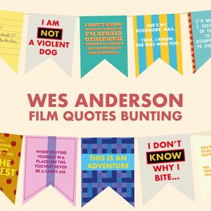 May include: A decorative bunting with quotes from Wes Anderson films. The pennants are in various colours and feature quotes in bold text. The banner at the bottom reads "WES ANDERSON FILM QUOTES BUNTING."