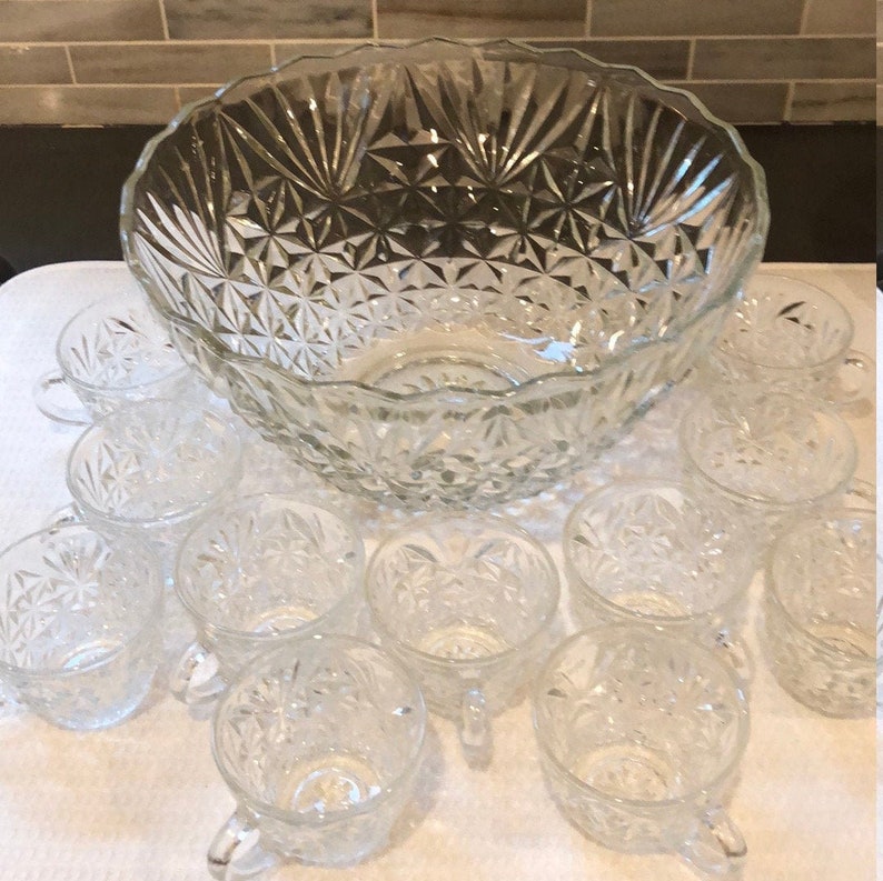Glass Punch Bowl Set 1950's Arlington Pressed Glass Etsy