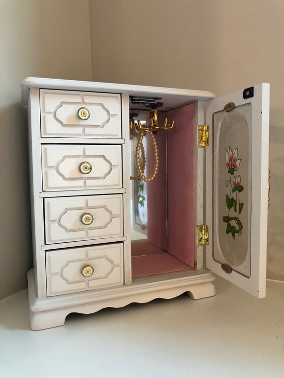 Jewelry Armoire Roses Flowered Ivory Shabby Chic Jewelry Box Wood Tall