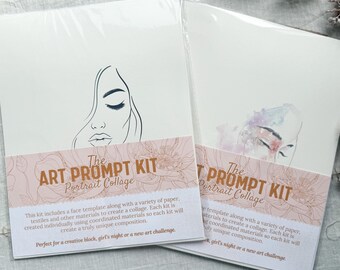 May include: Two art prompt kits are shown, each in a clear plastic wrapper. The kits feature a line drawing of a woman's face. The kits are labeled "The Art Prompt Kit Portrait Collage". The kits include paper and textiles for collage.