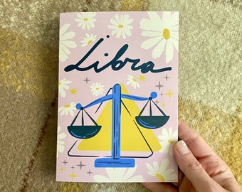 Pretty Libra Astrology Birthday/Friendship Card - Blank, Flowers, Scales