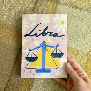 Pretty Libra Astrology Birthday/Friendship Card - Blank, Flowers, Scales