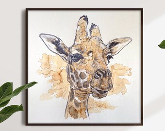 Giraffe: Pencil & Coffee Drawing, Print of Original Drawing/Original Art