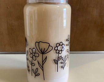 Beer Can Glass-Flowers | Coffee Glass | Soda Can Glass | Beer Can Glass with Lid and Straw | Iced Coffee Glass | Gifts Under 20 |Sublimation