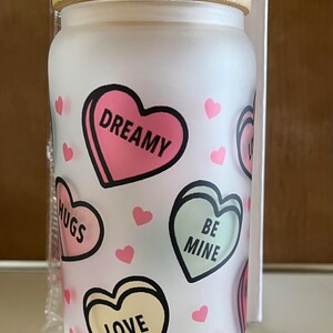 Candy Hearts Can Glass, Valentine&#39;s Candy 16oz Glass can, Candy Hearts Glass, Love glass, Frosted Glass, Valentines Day Gift, Gift