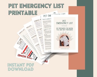Può includere: Un elenco di emergenza per animali domestici stampabile con una lista di controllo, informazioni generali, informazioni sul veterinario, farmaci, cibo e altri dettagli importanti. L'elenco è intitolato "Elenco di emergenza per animali domestici" e include il testo "Preparati per quando non sei preparato".