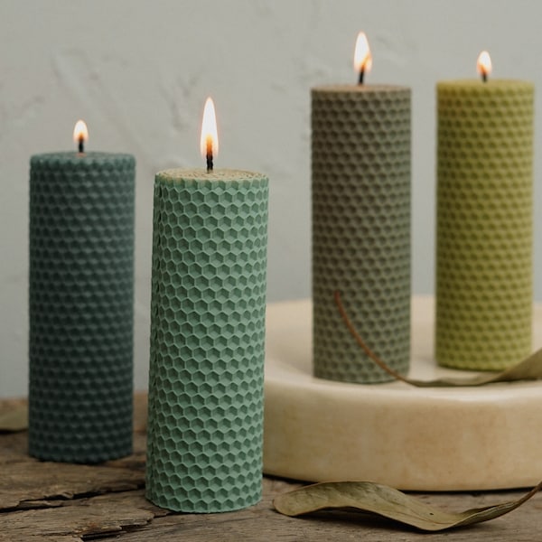 Set of 4 colored BEESWAX honeycomb CANDLES, green candle, candle GIFT set, rustic home decor as housewarming gift, meditation candles