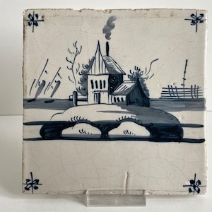 Antique Dutch tile - 18th century - Landscape with a building - Delftware - Blue and white