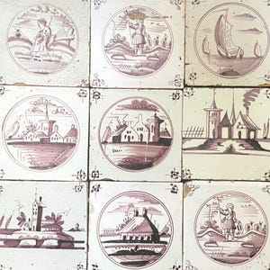 9 x XVIII-wieczna płytka Delft - Mangan - Fiolet - Delftware - Ściana - Kuchnia - Kominek - Delftware - Holenderski