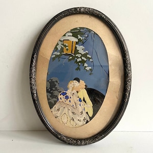 Antique silver frame - Roses - Flowers - with painting - Love couple