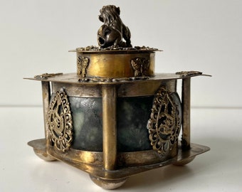 Chinese incense burner - 20th century - Marked - Stone - Copper - Silver plate - Buddhist lion