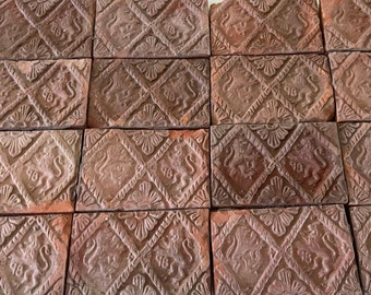 Set of 16 rare antique fireplace tiles - Dated &#39;1598&#39; - Terracotta - Haute epoque - Castel - Medieval