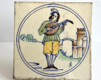 Antique tile - Rozenburg - The Hague - Marked - Dutch - Musician