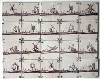 20 - Set antique Delft tiles - 18th century - Landscapes - Mills - Buildings - Birds - Dovecote