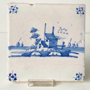 17th century Delft tile - Landscape - Building Birds and ships - Blue and white - Dutch - Ceramic - Wall - Kitchen - Fireplace