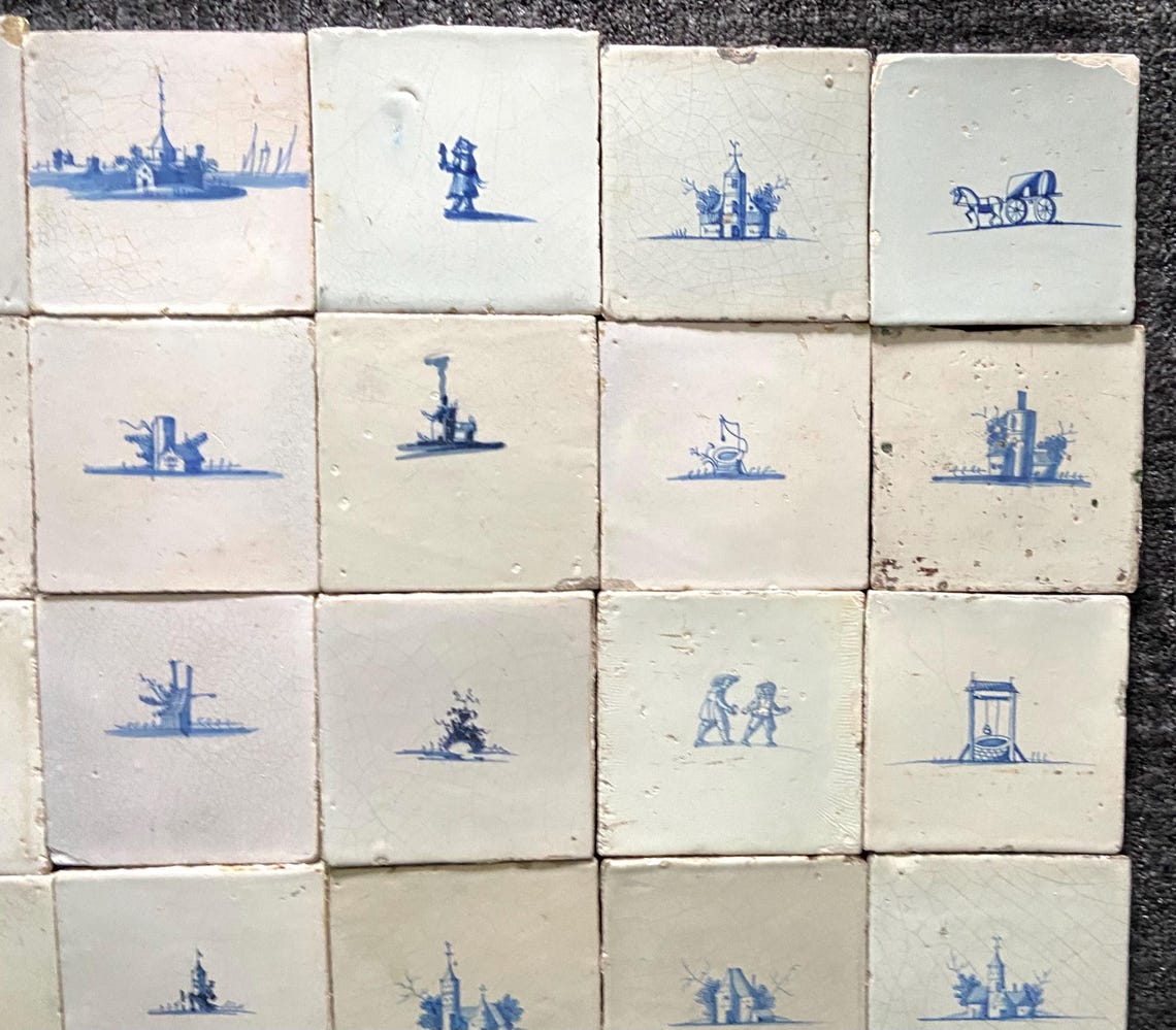 25 X Antique Delft Tile - 17th Century - Wall - Kitchen - Fireplace ...
