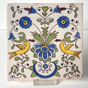 Antique Delft tile - Late 19th century - Floral decoration with yellow birds