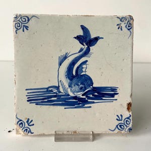 17th Century Delft Tile - Dolphin - Sea Creature - Blue and White