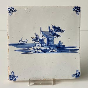 17th century Delft tile - Blue and white - Landscape - Building - Delftware - Wall - Kitchen - Fireplace - Antique - Delft - Dutch