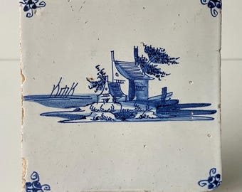 アンティークデルフトタイル 1750年 風景画 八角形のフレームにセット