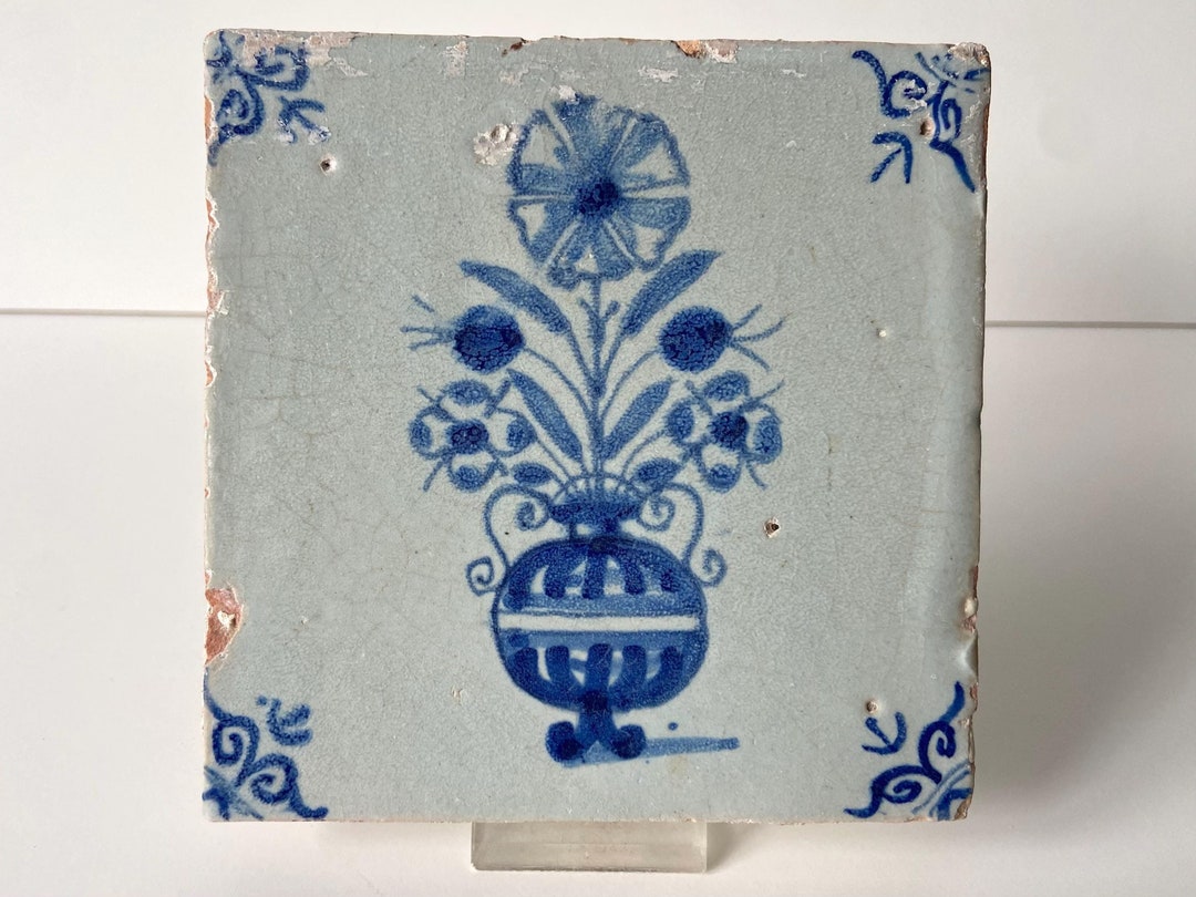 デルフトのタイル手描きの花　ブルーアンドホワイト VTG Delft Blue White Flower 6