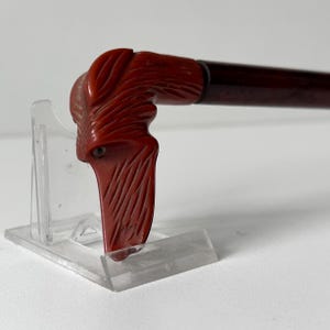 May include: A walking stick featuring a carved handle in the shape of a dog head. The handle is a deep reddish-brown colour with detailed etched lines representing fur and a small eye. The shaft of the cane is a smooth, dark brown wood.