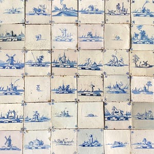 36 x 17th to 18th century Delft tiles - Landscape - Figures - Blue and white - Wall - kitchen - Fireplace - Tiling project
