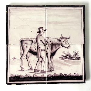 Antique Delft tile panel - Farmer with cow - Late 18th century - Manganese - Delftware - Wall - Kitchen - Fireplace