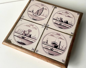 Antieke Delftse tegels - Mangaan - Landschap in cirkel - 18e tot begin 19e eeuw - Muur - Keuken - Open haard - Delfts blauw