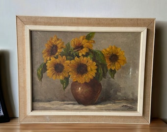 Eduard Klausen - Peinture - Tournesols dans un vase brun - Nature morte - 20e siècle