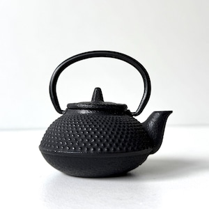 Op de afbeelding: Een zwarte gietijzeren theepot met een gestructureerd noppenpatroon over het ronde lichaam, een bijpassend deksel met een kleine centrale knop, een gebogen tuit en een stevig boogvormig handvat dat aan de zijkanten omhoog staat.