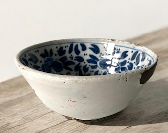 青白い手描きの陶器ボウル ヴィンテージの青と白の陶器ボウル - 6
